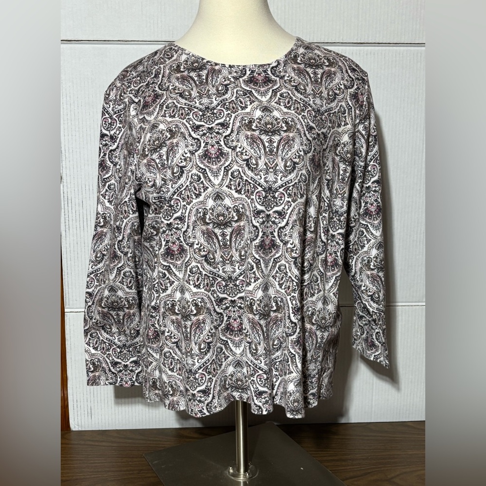 Croft & barrow 3X women’s 3/4 length sleeve tee gray and white and lavender 26”L
